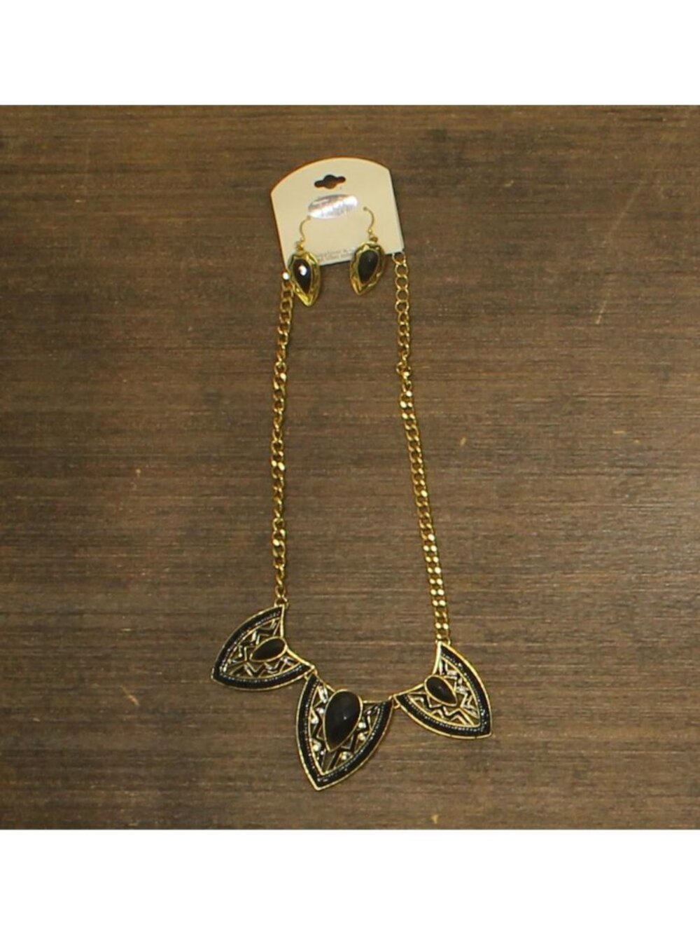NWT Tint Bib Teardrop Dangly Earrings Necklace Set Gold / Black 18" + 3"